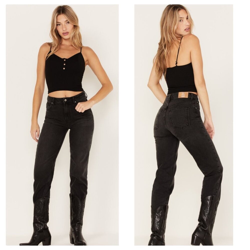 Free People Pacifica Straight Jeans Womens 24 Black High Rise Western Casual